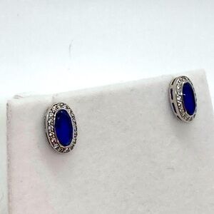 Vtg Sterling Silver & Dark Blue w White Halo CZ Stone Chunky Oval Earrings 1”